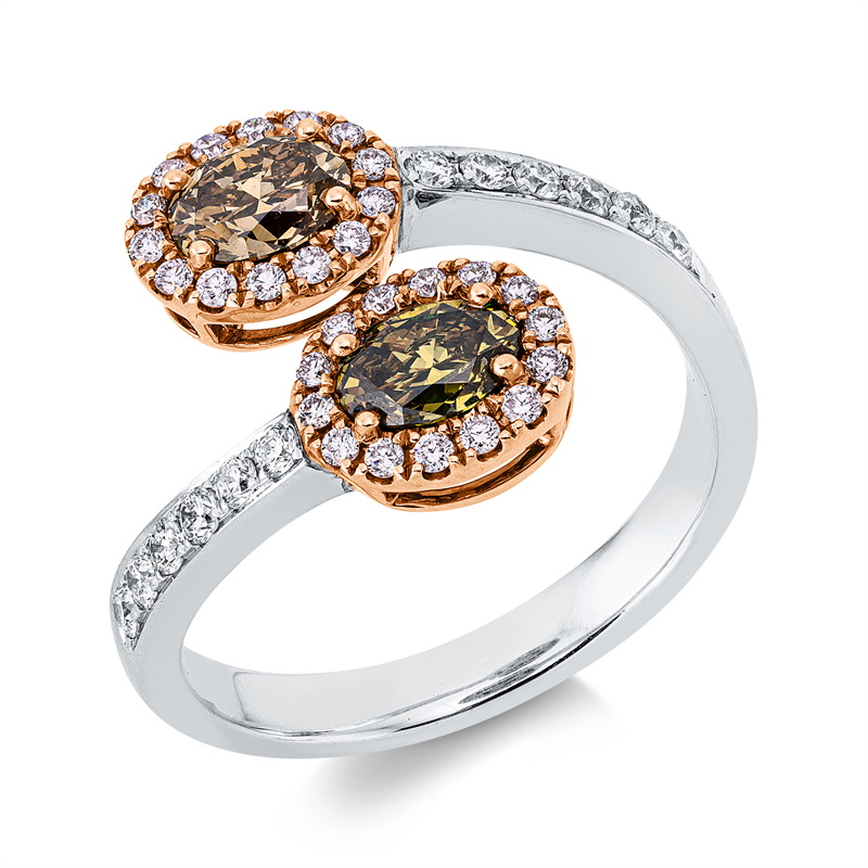 Image 90003183 - Ring 18 kt WG RG, 12 Brillanten 0,23 ct, TW-si, 2 Oval 0,75 ct, braun, 28 Brillanten 0,18 ...