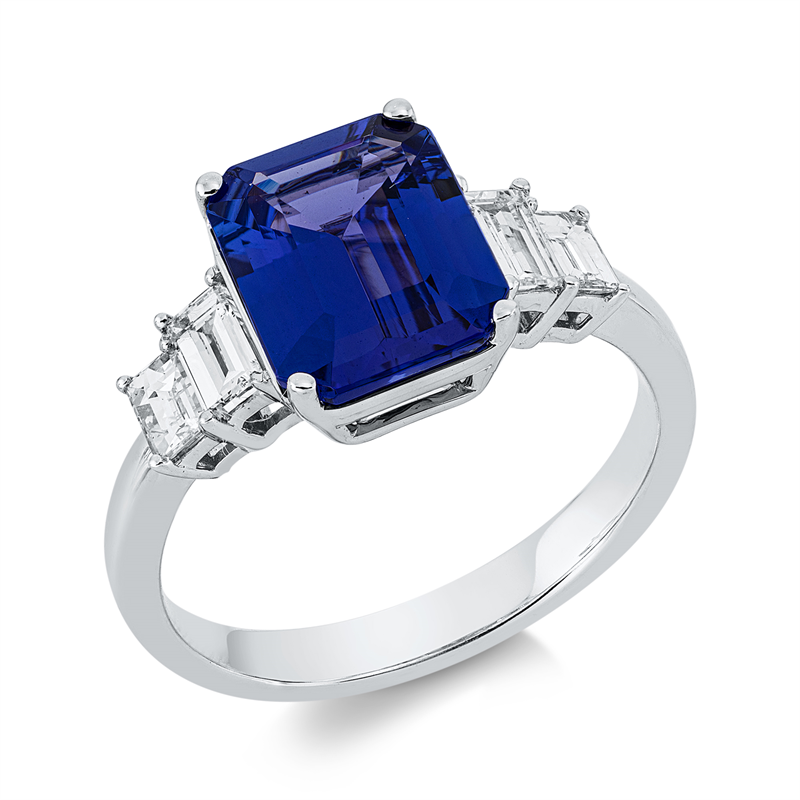 Image 90003185 - Ring 18 kt WG, 4 Baguette 0,55 ct, TW-si, 1 Tansanit 2,79 ct blau, H:16,2 mm, B:9,6 mm, ...