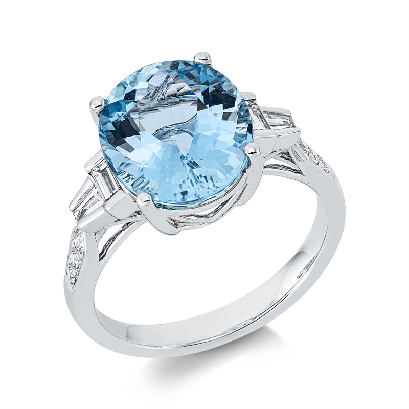 Image 90003186 - Ring 18 kt WG, 4 Baguette 0,23 ct, TW-si, 6 Brillanten 0,09 ct, TW-si, 1 Aquamarin 4,19 ...