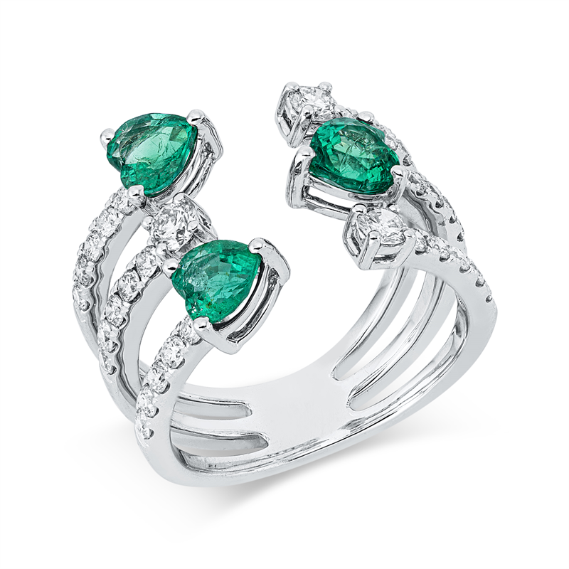 Image 90003187 - Ring 18 kt WG, 33 Brillanten 0,92 ct, TW-si, 3 Smaragde 1,37 ct grün, B:15,0 mm, ...