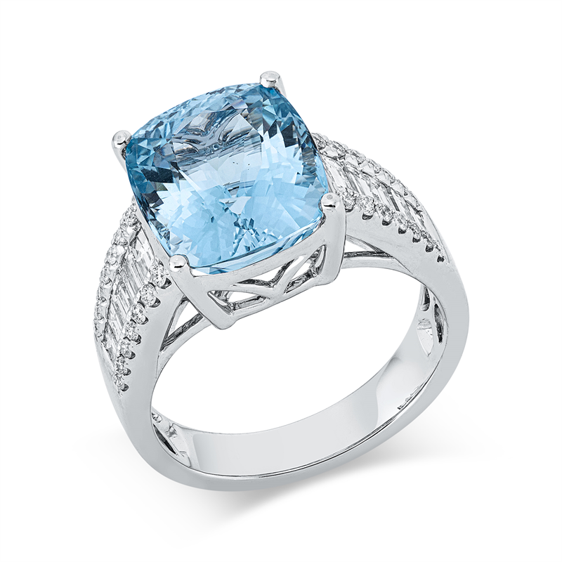 Image 90003194 - Ring 18 kt WG, 10 Baguette 0,74 ct, TW-si, 28 Brillanten 0,20 ct, TW-si, 1 Aquamarin 5,71 ...
