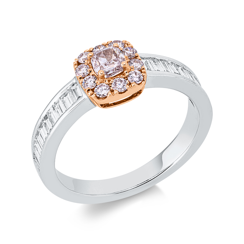 Image 90003195 - Ring 18 kt WG RG, GIA 2498739956, 1 Cushion 0,30 ct, pink-si1, 20 Baguette 0,48 ct, ...