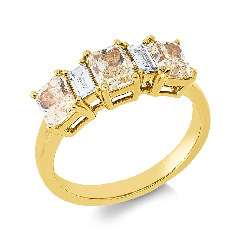 Image 90003196 - Ring 18 kt GG, 2 Baguette 0,30 ct, TW-si, 3 Radiant 2,17 ct, gelb, B:6,3 mm, ...