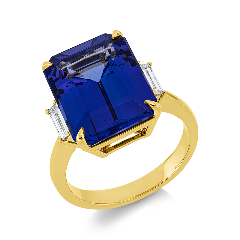 Image 90003199 - Ring 18 kt GG, 2 Baguette 0,26 ct, TW-si, 1 Tansanit 10,12 ct blau, H:14,7 mm, B:14,0 mm, ...