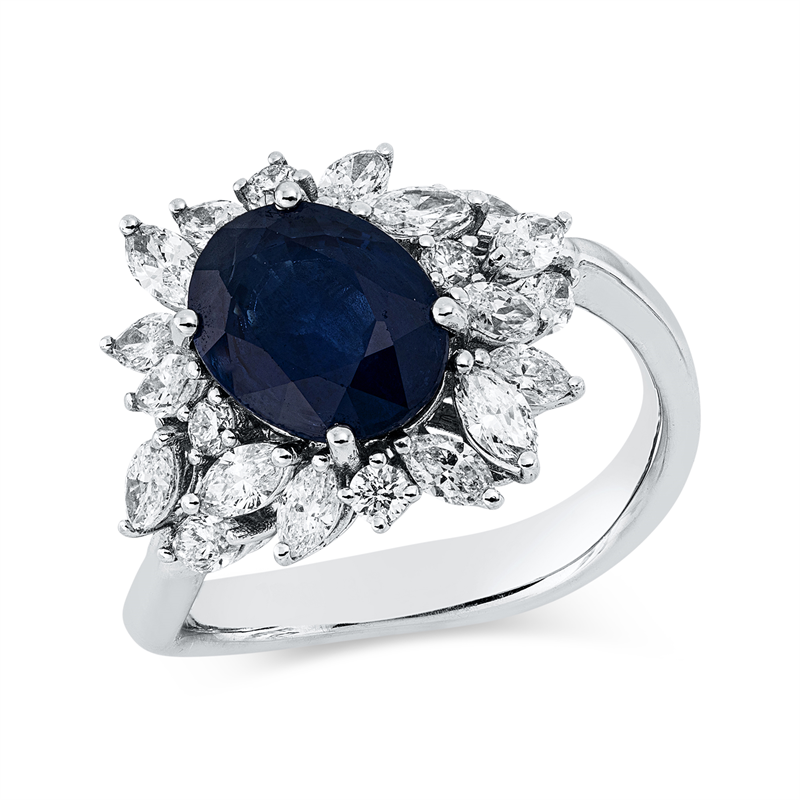 Image 90003236 - Ring 4er-Krappe 18 kt WG, 22 Brillanten 1,00 ct, TW-si, 1 Saphir 1,40 ct blau, H:10,5 mm, ...