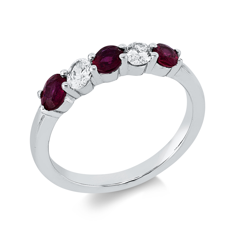 Image 90003240 - Ring 18 kt WG, 2 Oval 0,28 ct, TW-si, 3 Rubine 0,72 ct rot, B:3,7 mm, ...