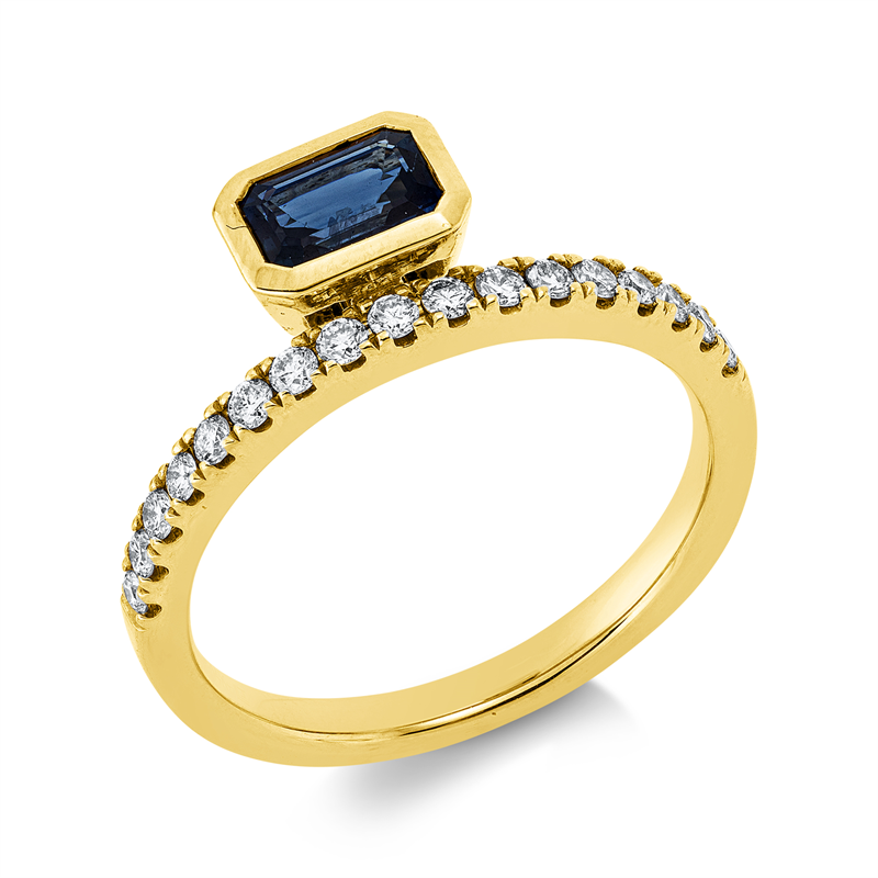 Image 90003070 - Ring 14 kt GG, 17 Brillanten 0,26 ct, W-si/pi, 1 Saphir 0,64 ct blau, H:7,1 mm, B:7,1 mm, ...
