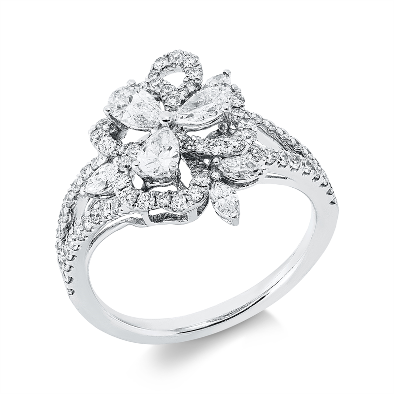Image 90003294 - Ring 18 kt WG, 3 Tropfen 0,45 ct, TW-si, 4 Navette 0,19 ct, TW-si, 81 Brillanten 0,57 ct, ...