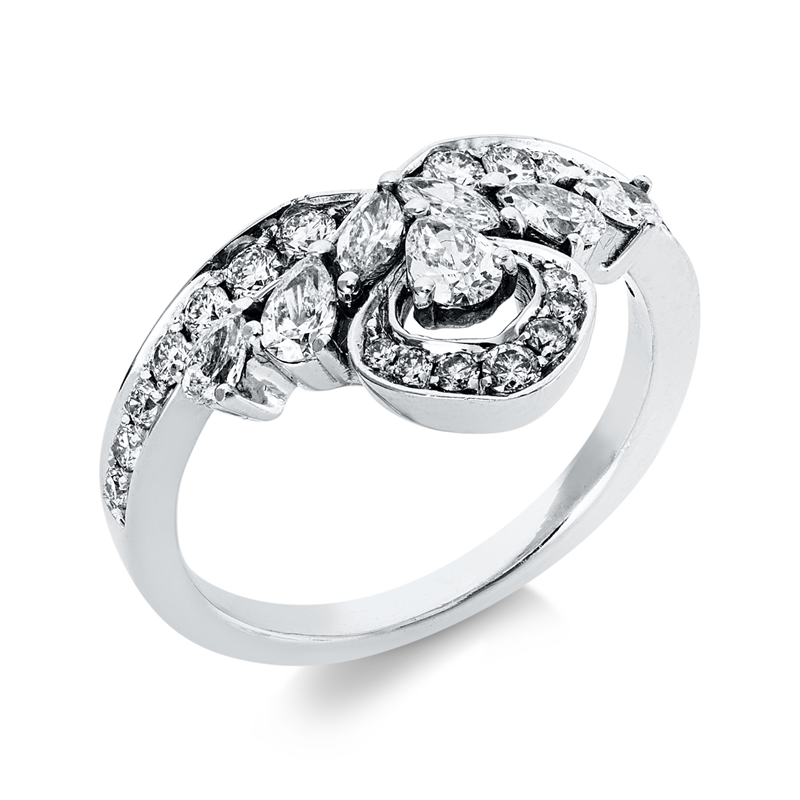 Image 90003297 - Ring 18 kt WG, 2 Navette 0,10 ct, TW-si, 5 Tropfen 0,33 ct, TW-si, 21 Brillanten 0,33 ct, ...