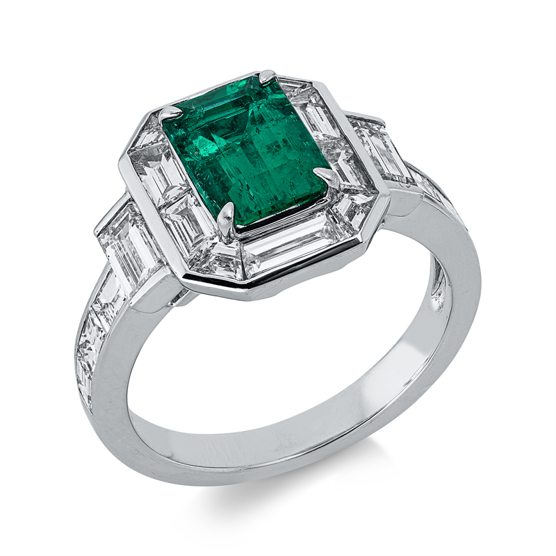 Image 90003312 - Ring 18 kt WG, 2 Baguette 0,43 ct, F-vsi/si, 16 Fant-Schl. 1,50 ct, F-vsi/si, 1 Smaragd ...