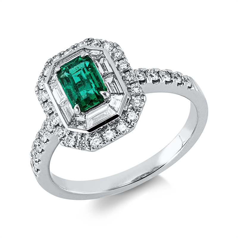 Image 90003313 - Ring 18 kt WG, 10 Fant-Schl. 0,39 ct, TW-si, 32 Brillanten 0,36 ct, TW-si, 1 Smaragd 0,51 ...