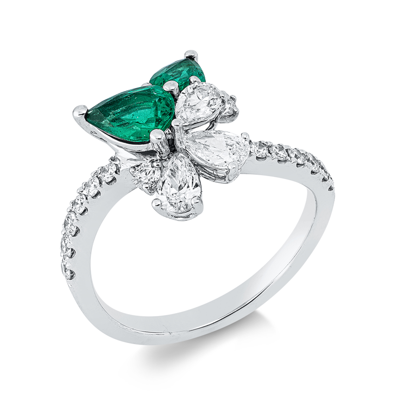 Image 90003314 - Ring 18 kt WG, 3 Tropfen 0,52 ct, F-vsi/si, 16 Brillanten 0,33 ct, TW-si, 1 Smaragd 0,50 ...