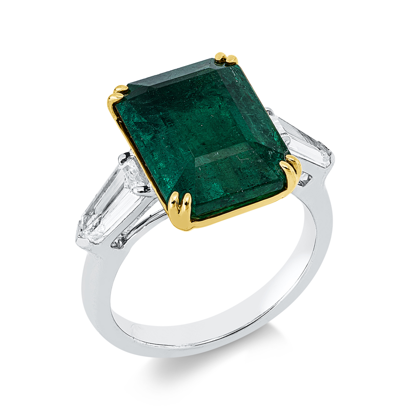 Image 90003319 - Ring 18 kt WG GG, 2 Fant-Schl. 0,88 ct, E-si, 1 Smaragd 6,87 ct grün, H:21,2 mm, B:13,6 ...
