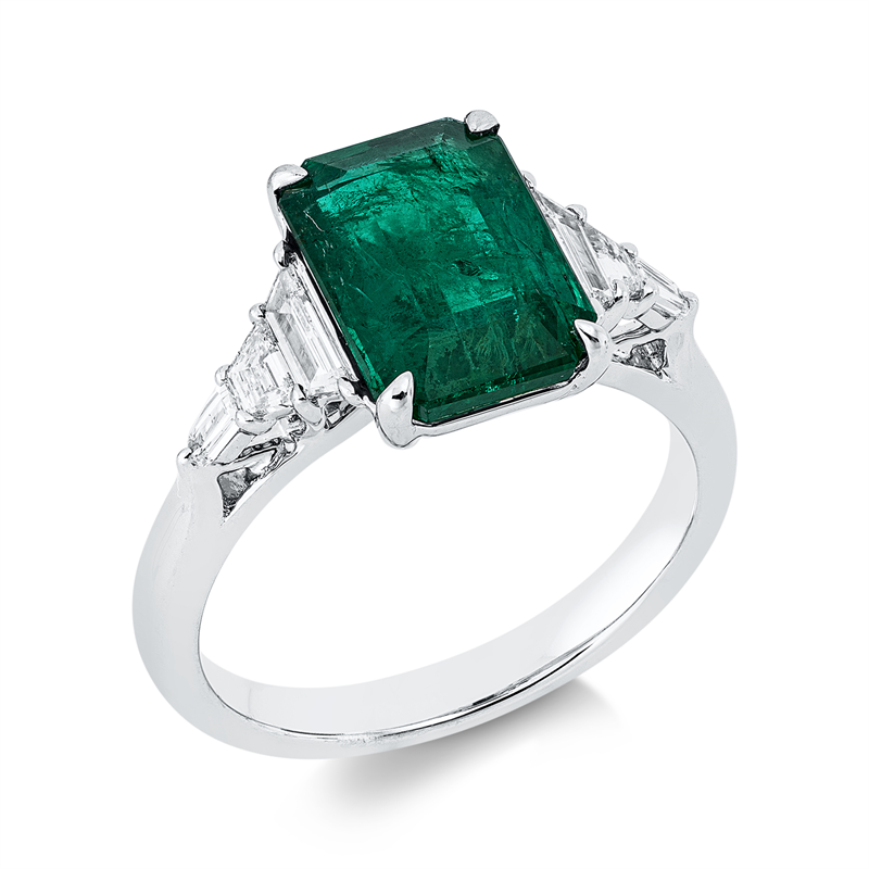 Image 90003320 - Ring 18 kt WG, 6 Fant-Schl. 0,36 ct, E-si, 1 Smaragd 3,08 ct grün, H:16,1 mm, B:10,6 mm, ...