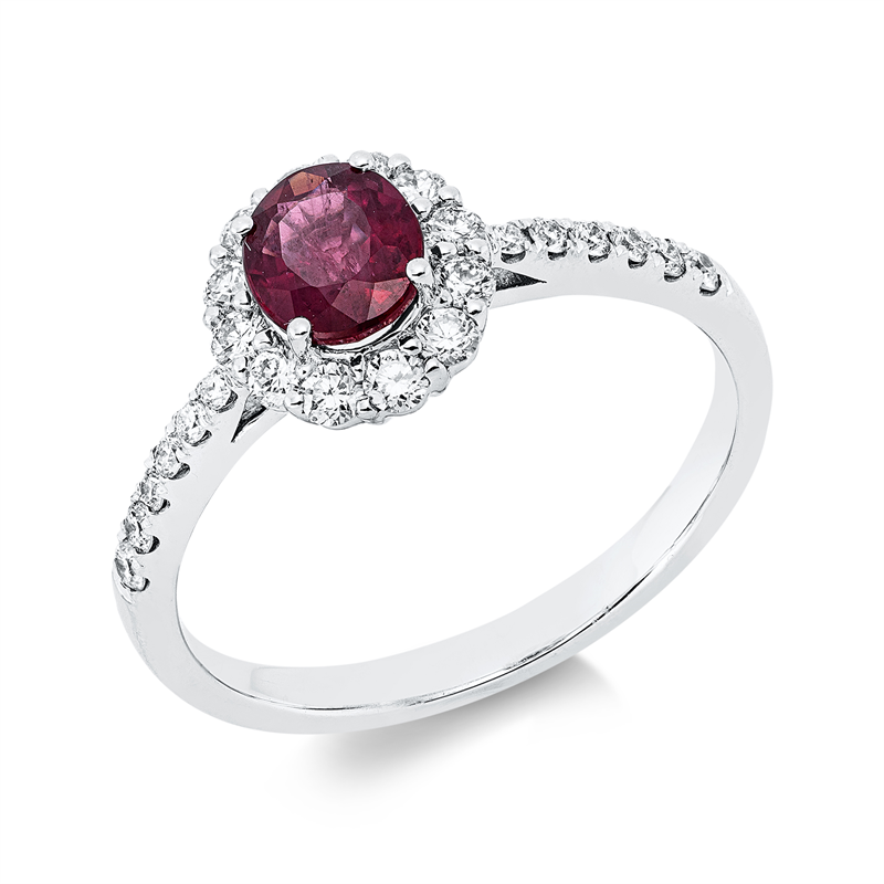 Image 90003323 - Ring 18 kt WG, 24 Brillanten 0,38 ct, TW-si, 1 Rubin 0,72 ct rot, H:8,2 mm, B:9,1 mm, ...