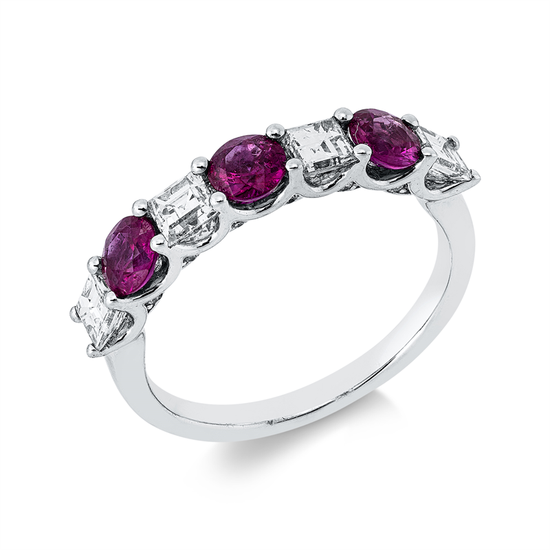 Image 90003324 - Ring 18 kt WG, 4 Assher 0,72 ct, TW-vsi/si, 12 Brillanten 0,05 ct, TW-si, 3 Rubine 0,87 ...