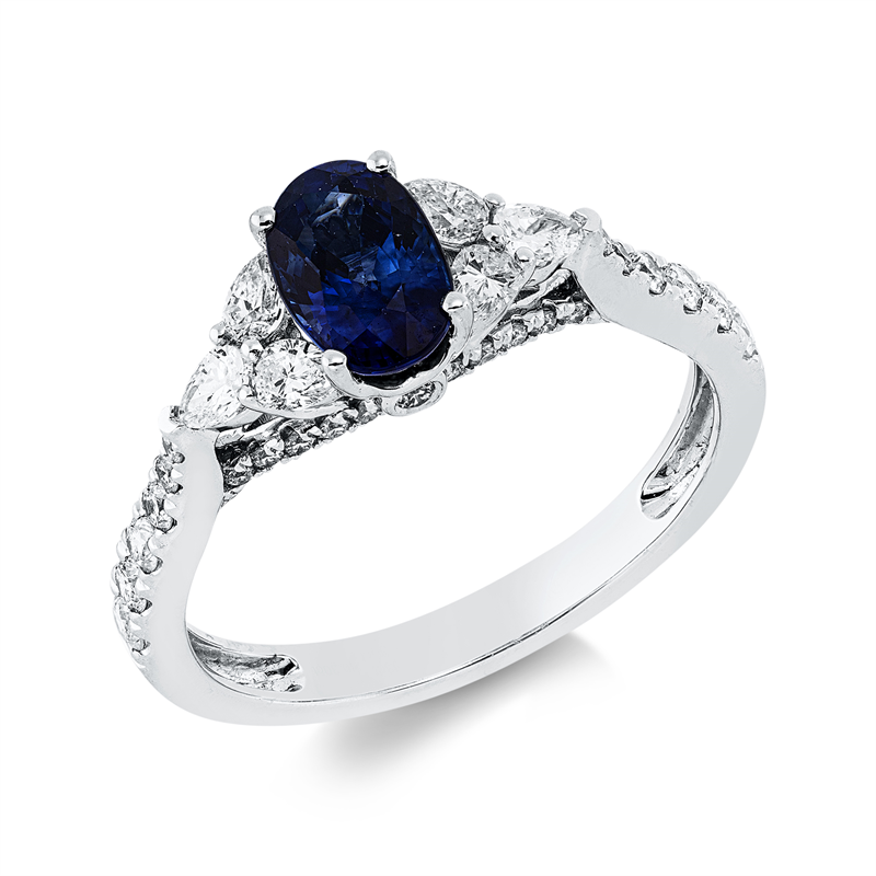 Image 90003328 - Ring 18 kt WG, 6 Tropfen 0,30 ct, W-pi, 34 Brillanten 0,30 ct, W-pi, 1 Saphir 1,03 ct ...