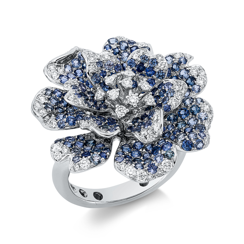 Image 90003333 - Ring 18 kt WG, 72 Brillanten 0,73 ct, TW-vsi, 176 Saphire 2,57 ct blau, B:25,5 mm, ...