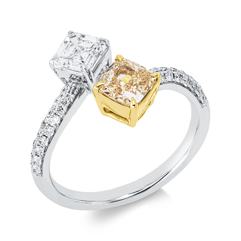 Image 90003338 - Ring 4er-Krappe 18 kt WG GG, GIA1268916688,GIA1408827997, 1 Cushion 0,82 ct, gelb-vvs2, 1 ...