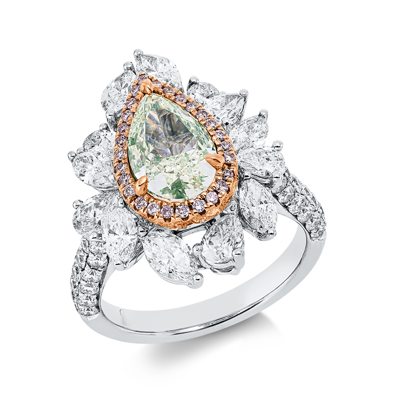 Image 90003410 - Ring 18 kt WG RG, GIA 1505317804, 1 Tropfen 2,10 ct, grün-vs1, 7 Navette 1,02 ct, TW-si, ...