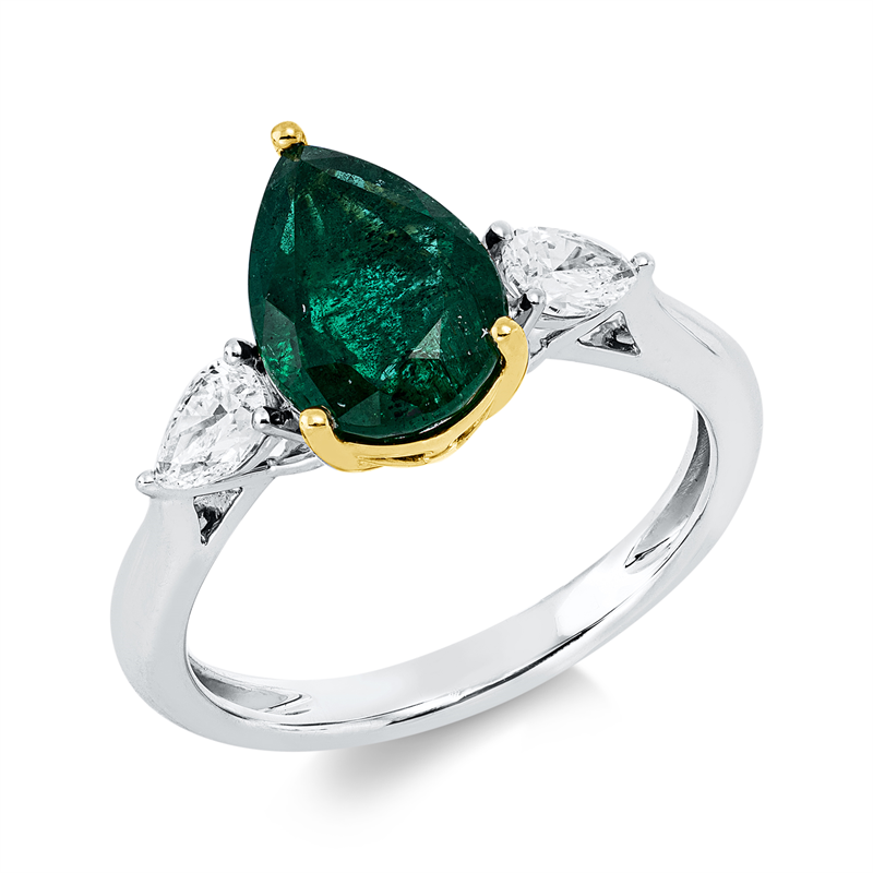 Image 90003413 - Ring 950 Pt GP, 2 Tropfen 0,42 ct, TW-si, 1 Smaragd 2,00 ct grün, H:16,8 mm, B:11,2 mm, ...