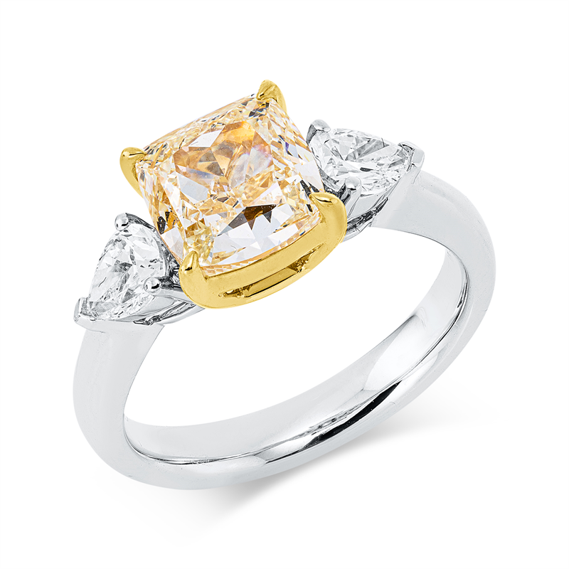 Image 90003414 - Ring 18 kt WG GG, 2 Tropfen 0,64 ct, TW-si, 1 Cushion 3,01 ct, gelb, H:17,7 mm, B:7,8 mm, ...