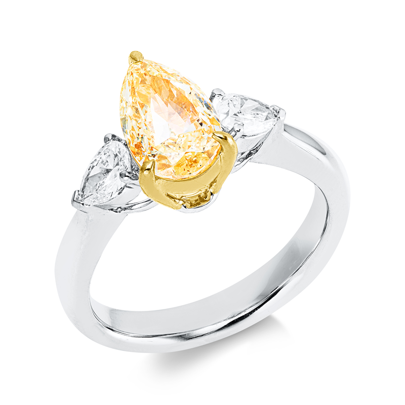 Image 90003471 - Ring 18 kt WG GG, GIA 2225128292, 1 Tropfen 1,80 ct, gelb-si1, 2 Tropfen 0,55 ct, TW-si, ...