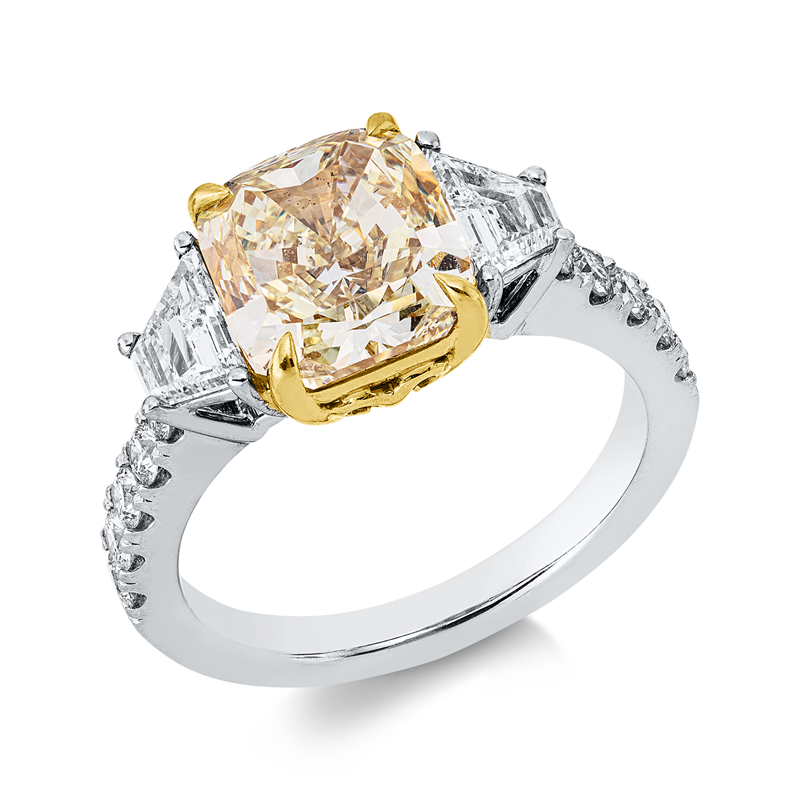 Image 90003415 - Ring 18 kt WG GG, GIA 6227646071, 2 Fant-Schl. 0,65 ct, TW-si, 1 Cushion 3,76 ct, ...
