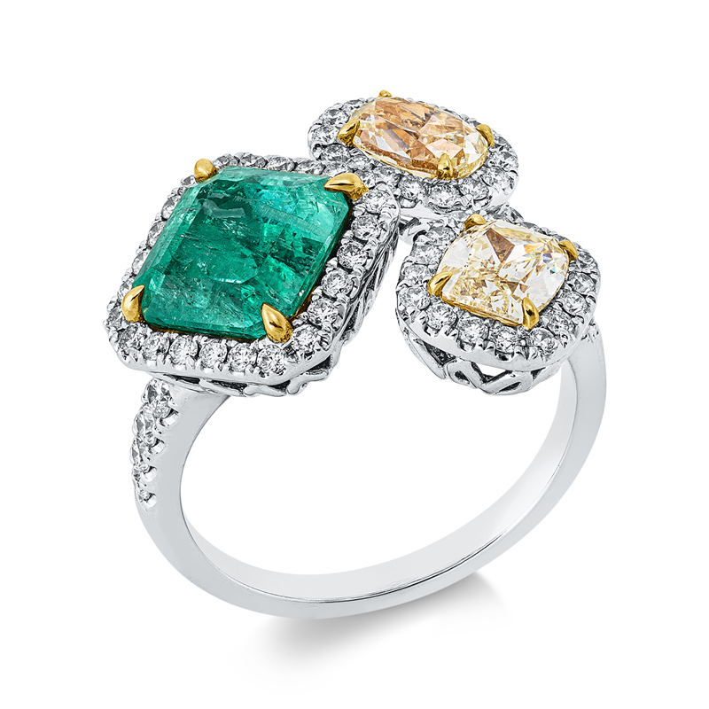 Image 90003417 - Ring 18 kt WG GG, 69 Brillanten 0,62 ct, TW-si, 2 Fant-Schl. 1,12 ct, gelb, 1 Smaragd ...