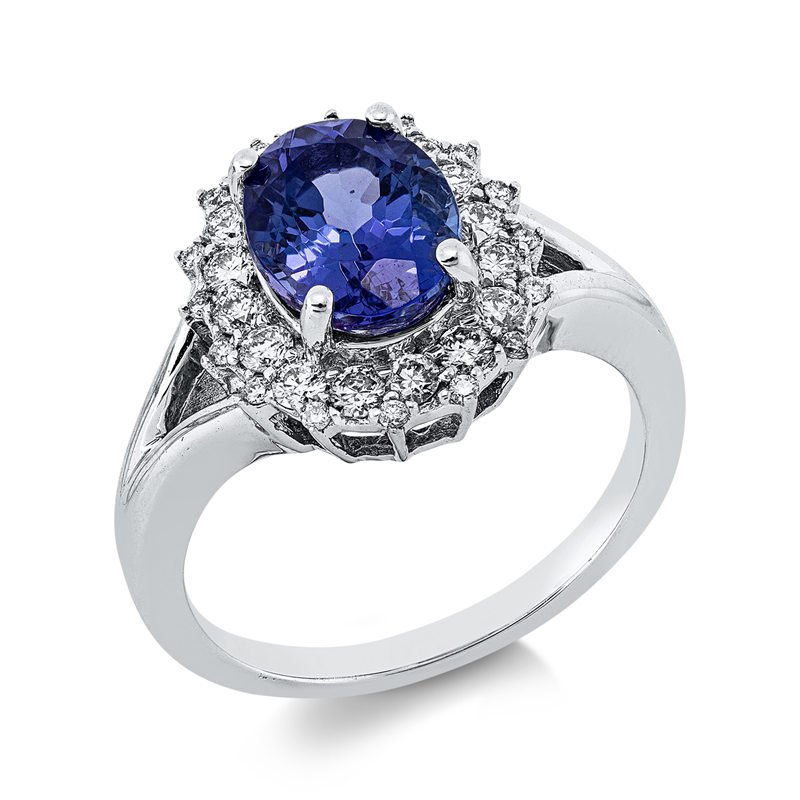 Image 90003480 - Ring 18 kt WG, 32 Brillanten 0,49 ct, F-vsi, 1 Tansanit 2,32 ct blau, H:12,2 mm, B:14,0 ...