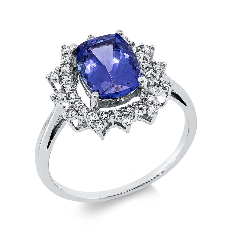 Image 90003481 - Ring 18 kt WG, 36 Brillanten 0,36 ct, F-vsi, 1 Tansanit 2,20 ct blau, H:14,0 mm, B:14,8 ...