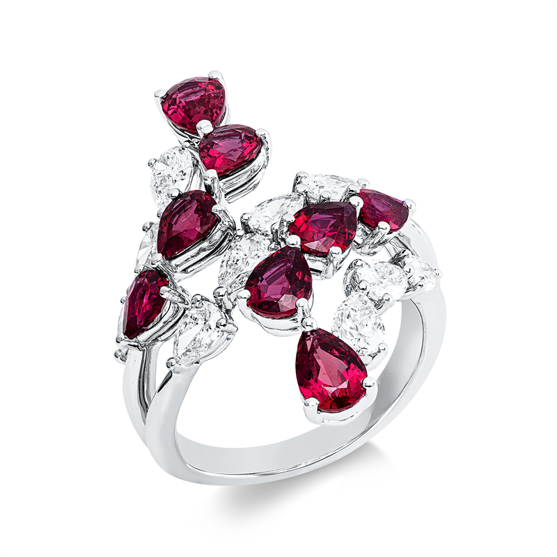 Image 90003487 - Ring 18 kt WG, 10 Tropfen 1,40 ct, F-vvs/vs, 8 Rubine 3,06 ct rot, B:29,1 mm, ...