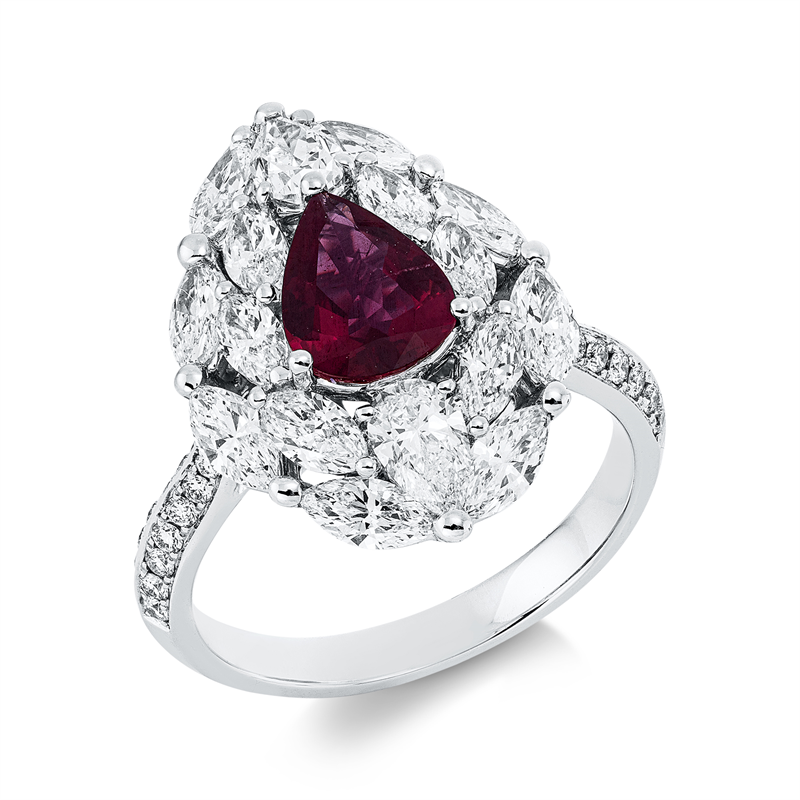 Image 90003488 - Ring 18 kt WG, 14 Navette 1,39 ct, F-vvs/vs, 36 Brillanten 0,23 ct, F-vvs/vs, 2 Tropfen ...