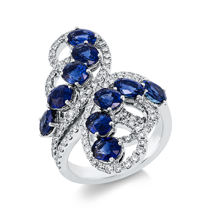 Image 90003490 - Ring 18 kt WG, 106 Brillanten 1,00 ct, F-vvs/vs, 10 Saphire 4,79 ct blau, B:32,0 mm, ...