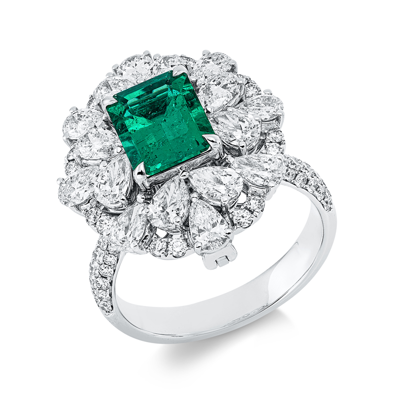 Image 90003491 - Ring 18 kt WG, 72 Brillanten 0,50 ct, F-vvs/vs, 16 Tropfen 1,80 ct, F-vvs/vs, 1 Smaragd ...