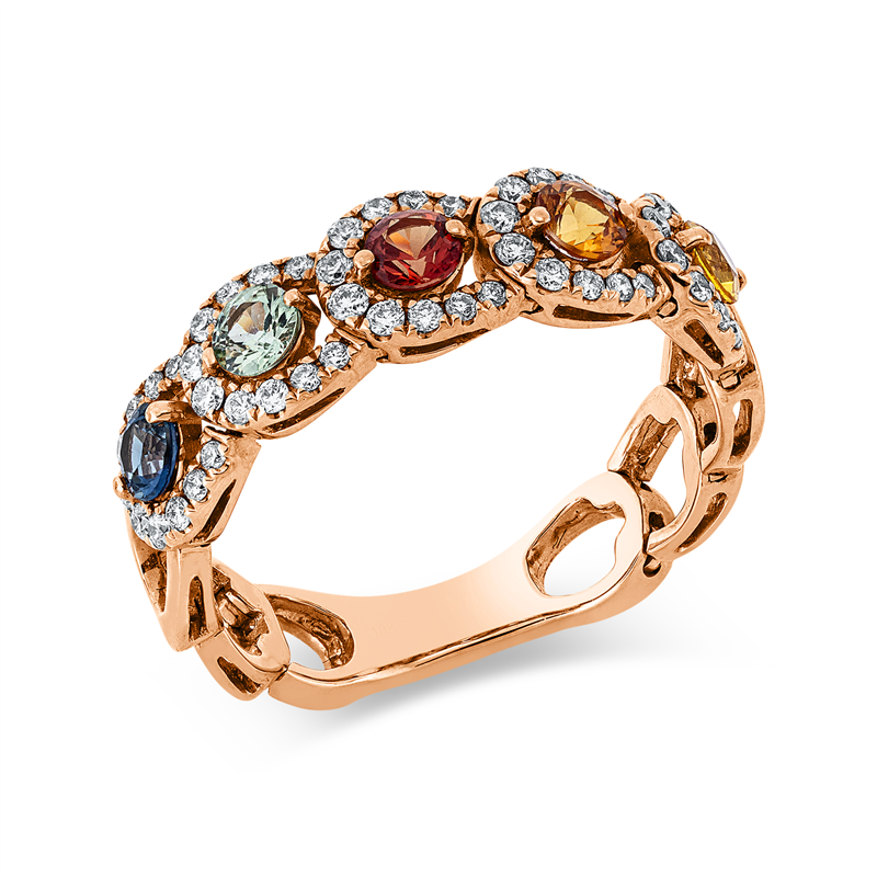 Image 90003273 - Ring 18 kt RG, 50 Brillanten 0,28 ct, TW-si, 5 Saphire 0,67 ct multicolor, B:5,5 mm, ...