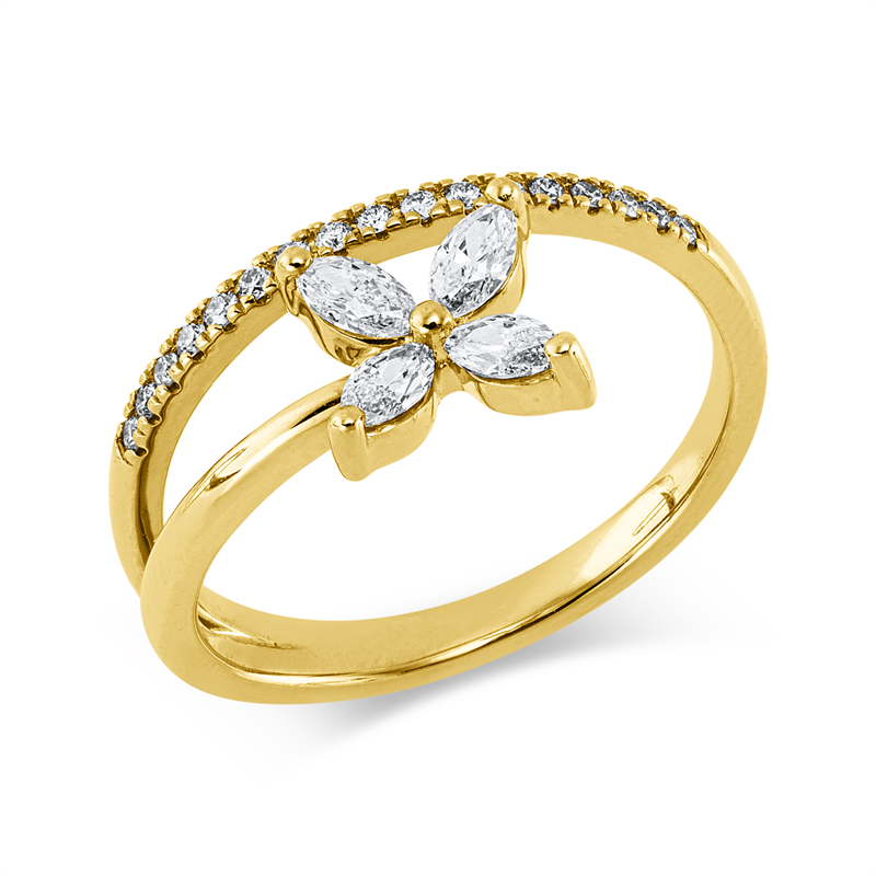 Image 90004179 - Ring 14 kt GG, 4 Navette 0,33 ct, W-si, 17 Brillanten 0,11 ct, W-si, H:7,5 mm, B:10,0 mm, ...