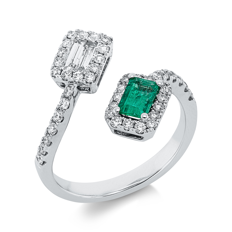 Image 90004197 - Ring 18 kt WG, 2 Baguette 0,12 ct, TW-si, 44 Brillanten 0,47 ct, TW-si, 1 Smaragd 0,37 ct ...