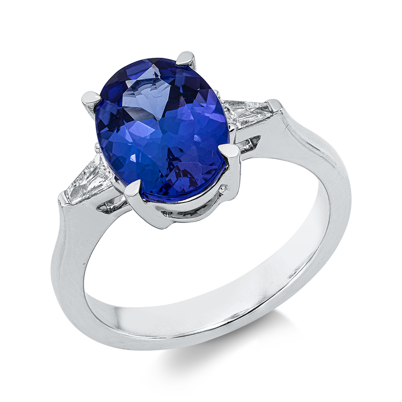 Image 90004200 - Ring 4er-Krappe 18 kt WG, 2 Trapeze 0,14 ct, TW-si, 1 Tansanit 3,22 ct blau, H:15,6 mm, ...