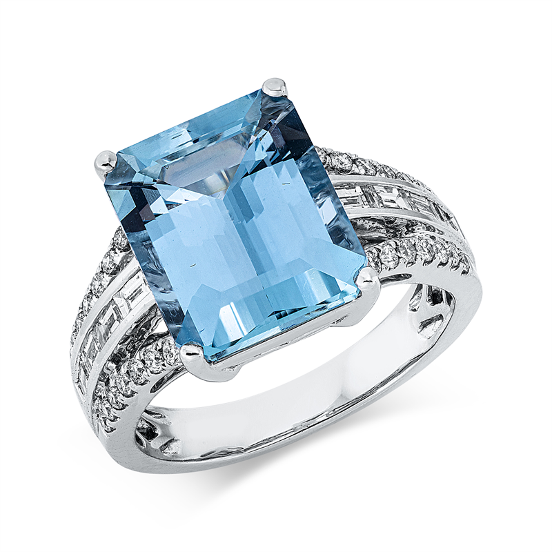 Image 90004203 - Ring 18 kt WG, 8 Baguette 0,38 ct, TW-si, 28 Brillanten 0,23 ct, TW-si, 1 Aquamarin 5,44 ...