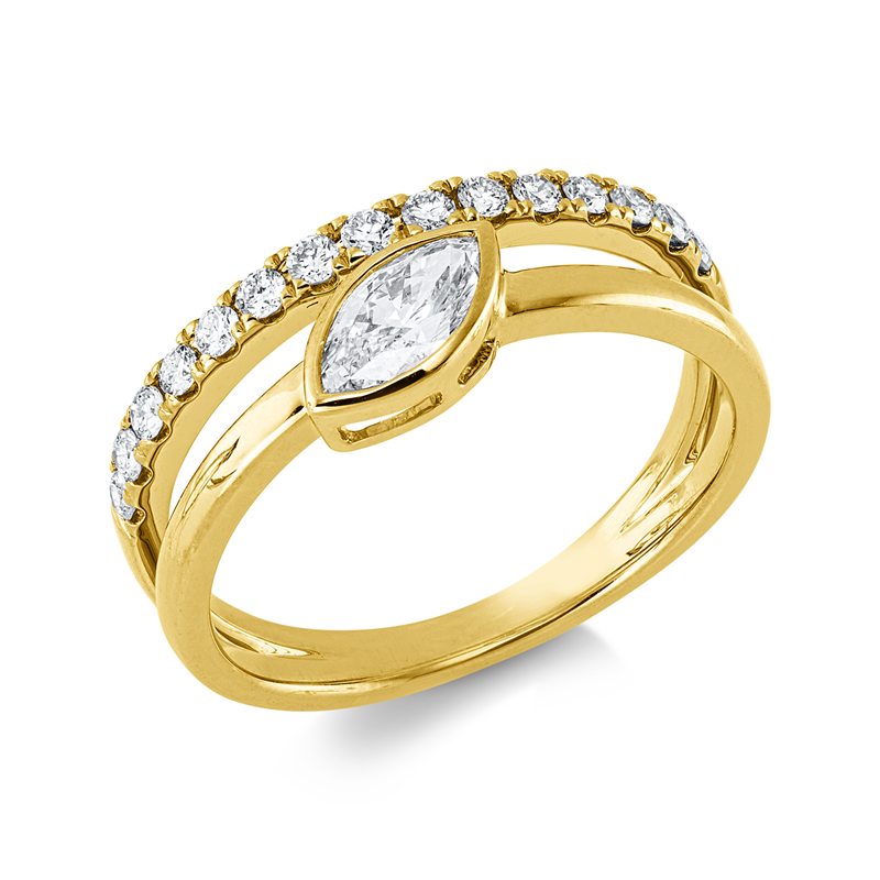 Image 90004216 - Ring Zarge 14 kt GG, 1 Navette 0,48 ct, W-si, 15 Brillanten 0,27 ct, W-si/pi, B:7,5 mm, ...