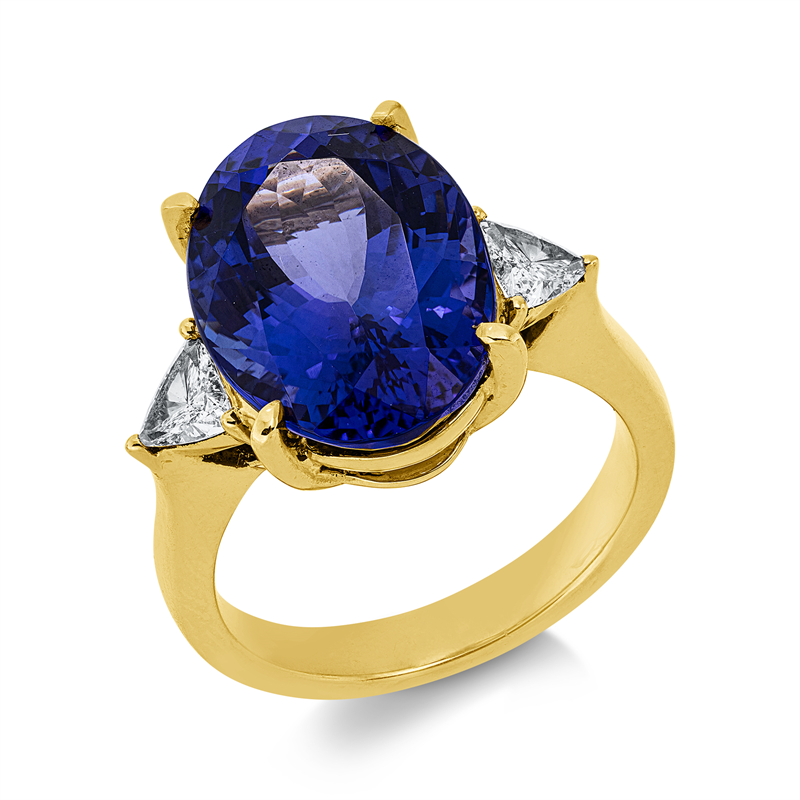 Image 90004217 - Ring 18 kt GG, IGI-53J9564324, 2 Triangel 0,38 ct, TW-si, 1 Tansanit 9,85 ct blau, H:19,2 ...