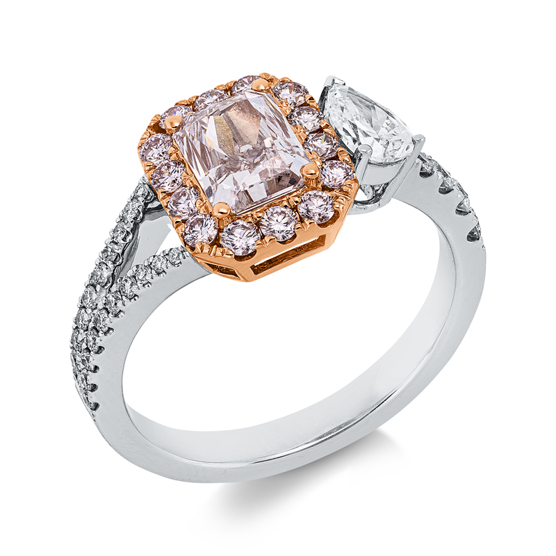 Image 90004222 - Ring 18 kt WG RG, GIA 6532087665, 1 Tropfen 0,32 ct, TW-si, 1 Radiant 1,09 ct, pink-si1, ...