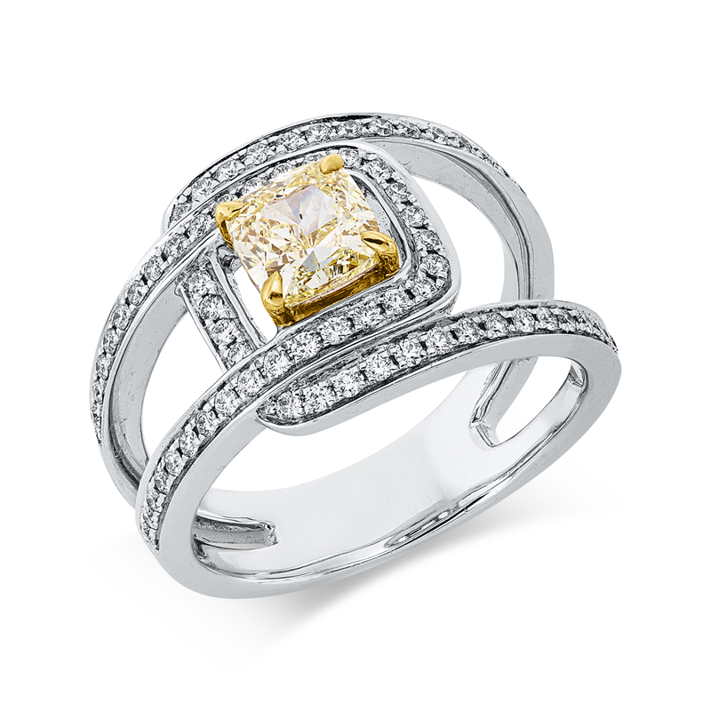Image 90004228 - Ring 4er-Krappe 18 kt WG GG, GIA 2287089801, 1 Cushion 1,09 ct, gelb-si, 69 Brillanten ...