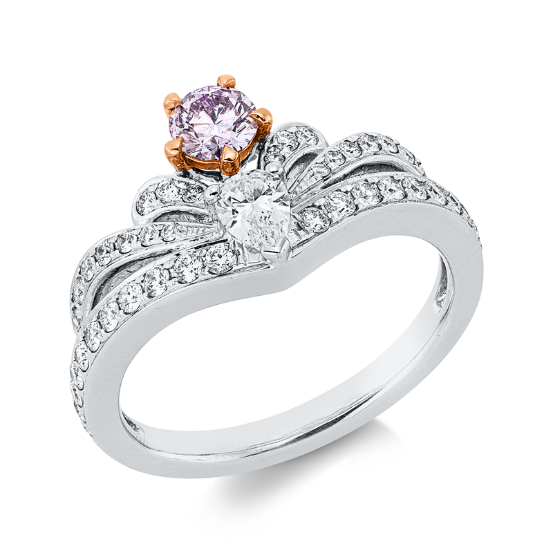 Image 90004229 - Ring 5er-Krappe 18 kt WG RG, GIA 2215035367, 1 Tropfen 0,19 ct, F-vsi, 42 Brillanten 0,41 ...