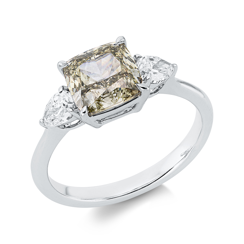 Image 90004231 - Ring 4er-Krappe 18 kt WG, 2 Tropfen 0,50 ct, F-si, 1 Cushion 2,30 ct, grün, H:15,3 mm, ...