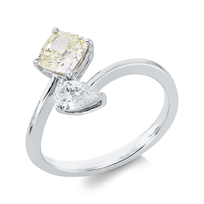 Image 90004232 - Ring 18 kt WG, GIA 6127821107, 1 Cushion 1,01 ct, gelb-si1, 1 Tropfen 0,28 ct, F-si, ...