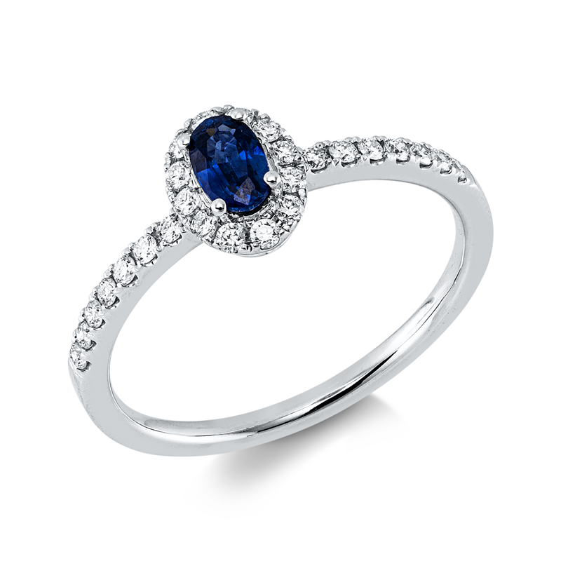 Image 90004278 - Ring 18 kt WG, 26 Brillanten 0,22 ct, TW-si, 1 Saphir 0,34 ct blau, H:5,7 mm, ...