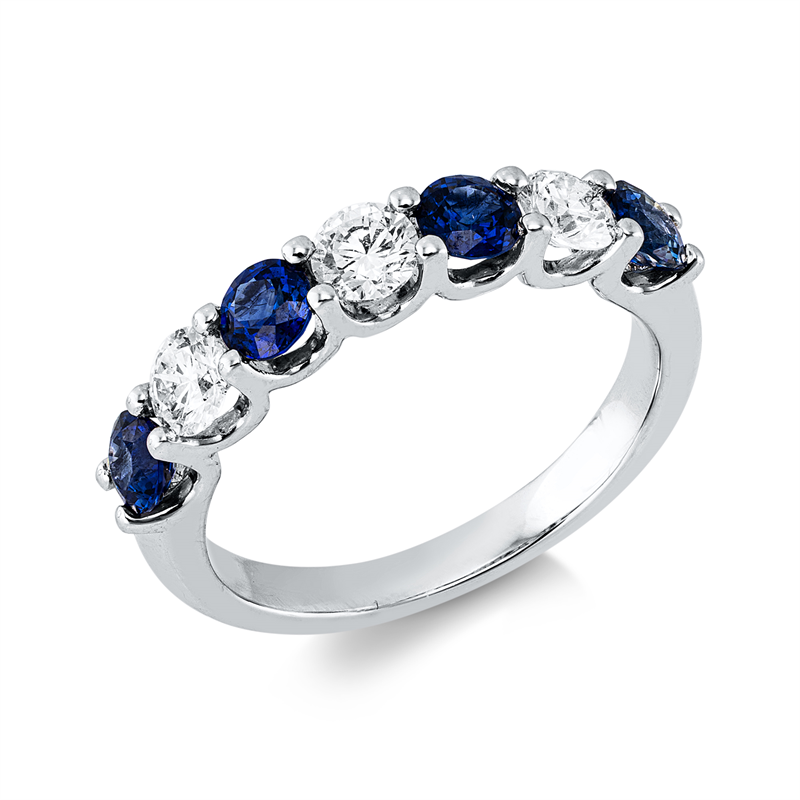 Image 90004279 - Ring 18 kt WG, 3 Brillanten 0,64 ct, TW-si, 4 Saphire 1,02 ct blau, B:3,7 mm, ...