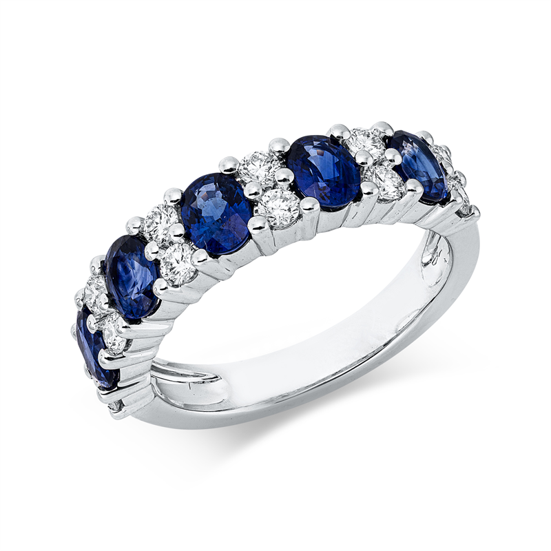 Image 90004153 - Ring 18 kt WG, 12 Brillanten 0,45 ct, TW-si, 5 Saphire 1,52 ct blau, B:4,8 mm, ...